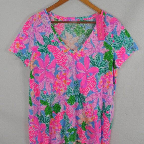 Lilly Pulitzer Women's Etta V-Neck Top L Pink Tigers Lair Floral Print - Picture 7 of 11